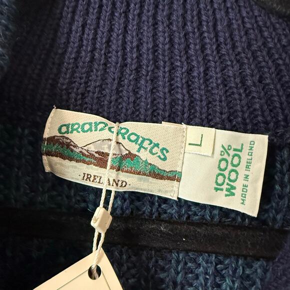 Aran Crafts NEW Men's 1/2 Zip Sweater 100% Wool Blackwatch Navy Green Large - Picture 3 of 9